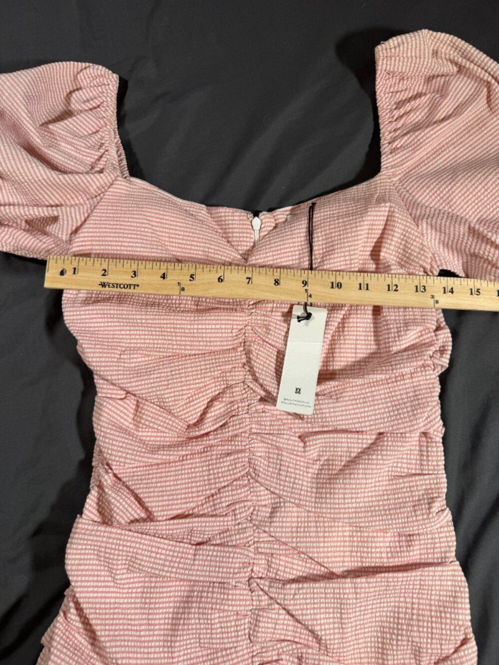 Willow & Clay Pink Seersucker Ruched Puff Sleeve Bodycon Mini Dress Womens M NWT - Picture 6 of 10